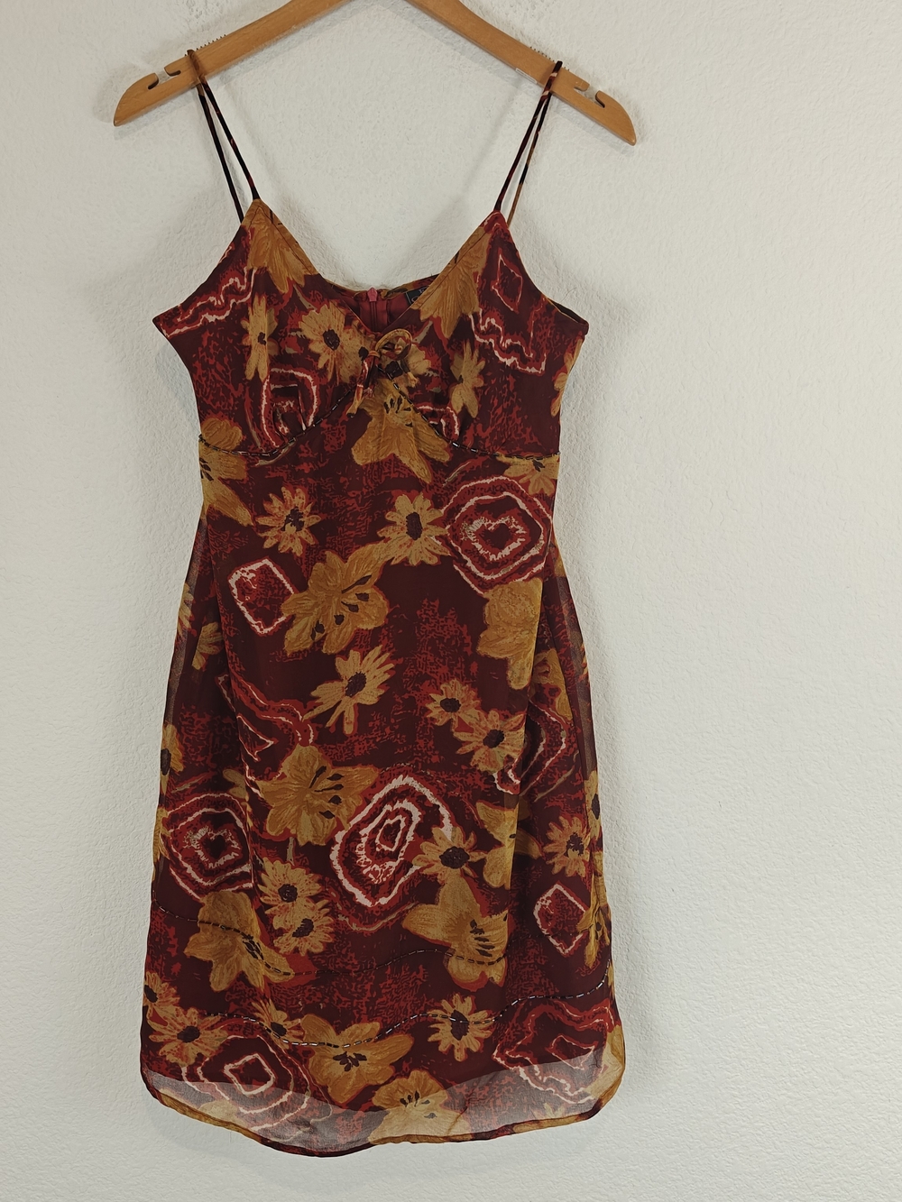 Vintage Eye Candy Beaded Y2K Boho Slip Dress Burgundy Floral V-Neck Mini M